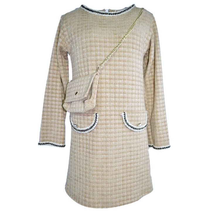 Set rochie eleganta cu maneca lunga si geanta pentru fete New Collection 350B, Bej 105628