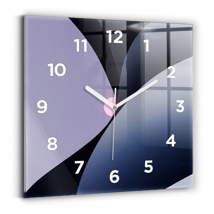 Falióra, Wallfluent, üveg, fehér mutatók, számok, napabsztrakció, rózsaszín, négyzetek 30x30 cm, 010010500010100273500