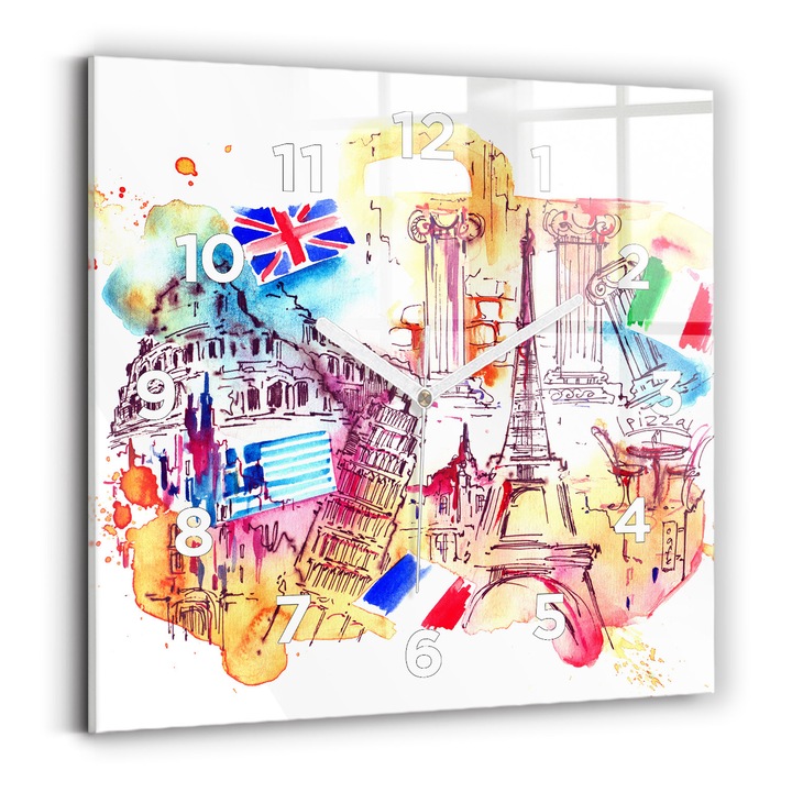 Falióra, Wallfluent, üveg, Fehér mutatók, számok, A világ vonzó országai, Narancs, Négyzetek 30x30 cm, 010010500010100273440