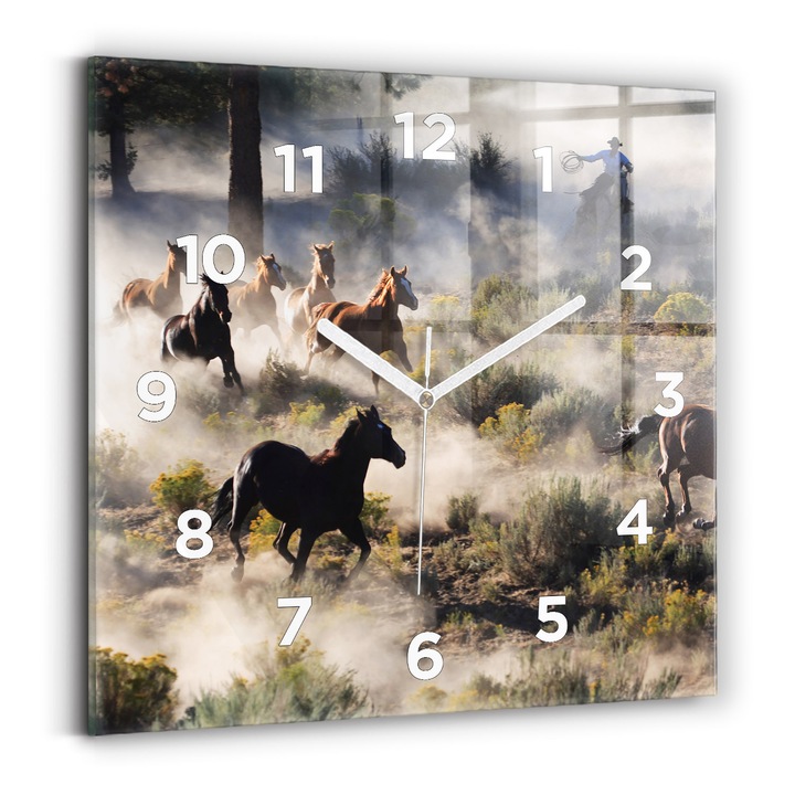 Falióra, Wallfluent, üveg, Fehér mutatók, számok, Száguldó lovak csordája, Barna, Négyzetek 30x30 cm, 010010500010100272288