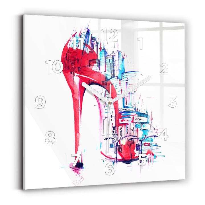 Falióra, Wallfluent, üveg, Fehér mutatók, számok, Piros sarkú, Piros, Négyzetek 30x30 cm, 010010500010100273519