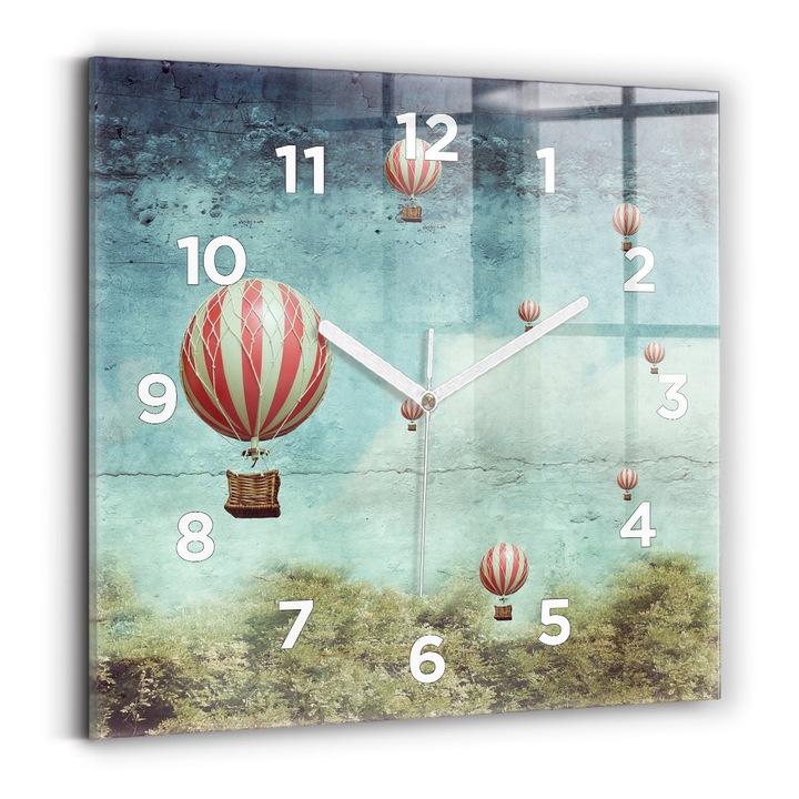 Falióra, Wallfluent, üveg, Fehér mutatók, számok, Festett lufi, Piros, Négyzetek 30x30 cm, 010010500010100273529