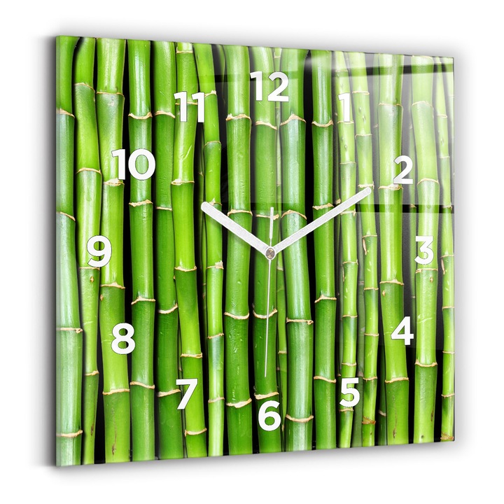 Falióra, Wallfluent, üveg, fehér mutatók, számok, ázsiai bambusz, zöld, négyzetek 30x30 cm, 010010500010100272582