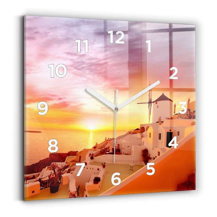 Falióra, Wallfluent, üveg, Fehér mutatók, számok, Régi szélmalom Santoriniben, Narancs, Négyzetek 30x30 cm, 010010500010100272992