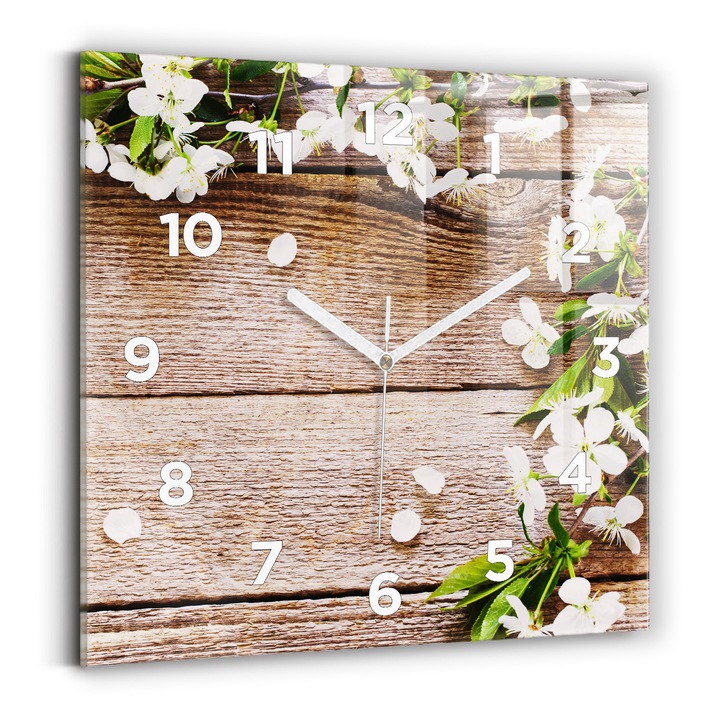 Falióra, Wallfluent, üveg, Fehér mutatók, számok, Virágok fán, Barna, Négyzetek 30x30 cm, 010010500010100273509