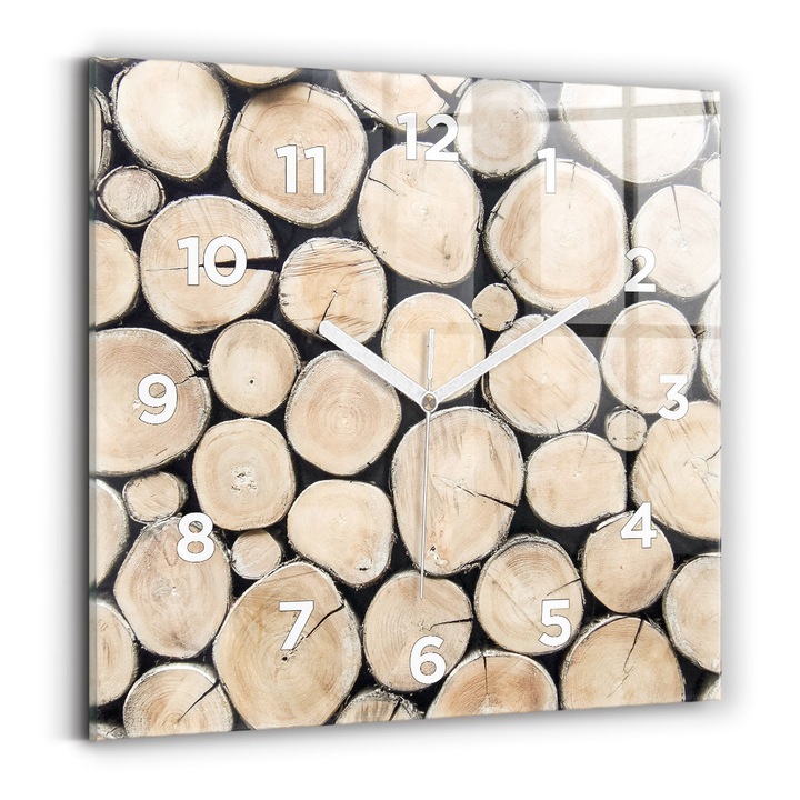 Falióra, Wallfluent, üveg, Fehér mutatók, számok, Csonka fatuskók, Barna, Négyzetek 30x30 cm, 010010500010100273556