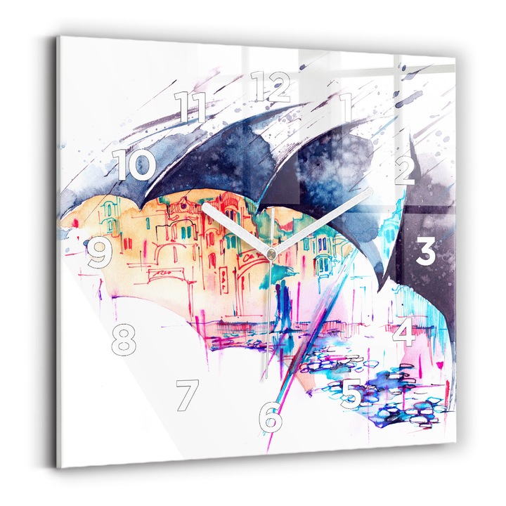 Falióra, Wallfluent, üveg, Fehér mutatók, számok, Esernyő és város, Tarka, Négyzetek 30x30 cm, 010010500010100273522
