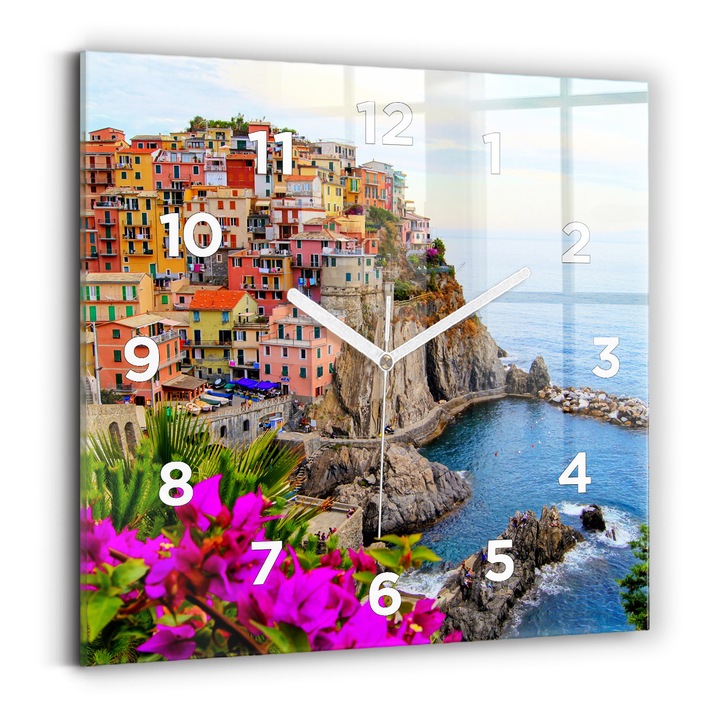 Falióra, Wallfluent, üveg, Fehér mutatók, számok, Cinque Terre Coast, Kék, Négyzetek 30x30 cm, 010010500010100272974