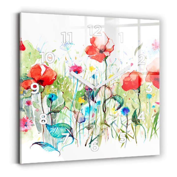 Falióra, Wallfluent, üveg, Fehér mutatók, számok, Virágok a réten, Többszínű, Négyzetek 30x30 cm, 010010500010100273560