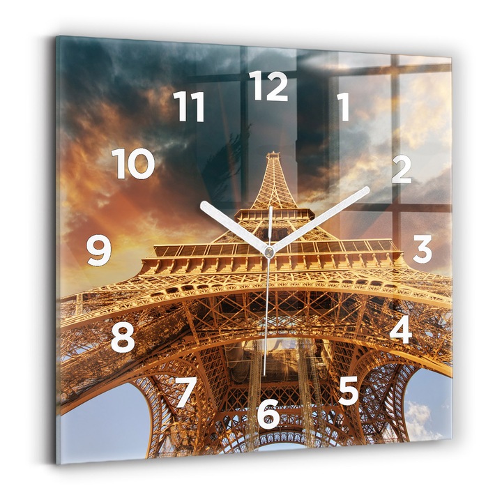 Falióra, Wallfluent, üveg, Fehér mutatók, számok, Eiffel-torony a felhők hátterében, Narancs, Négyzetek 30x30 cm, 010010500010100273093