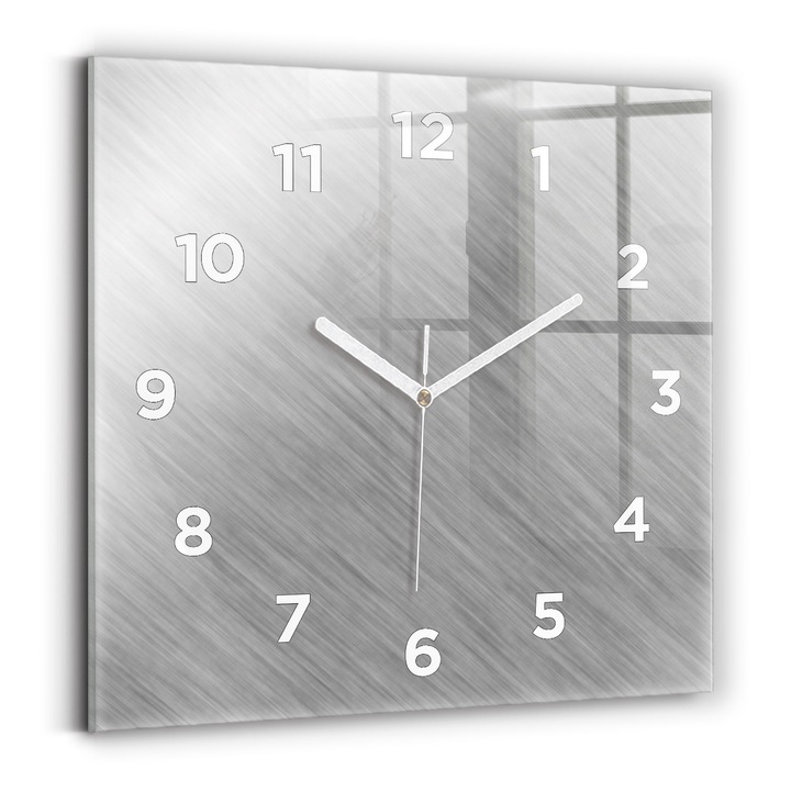 Ceas de perete, Wallfluent, de sticla, Mainile albe, cifrele, Perete metalic, Gri, Patrate 30x30 cm, 010010500010100273596