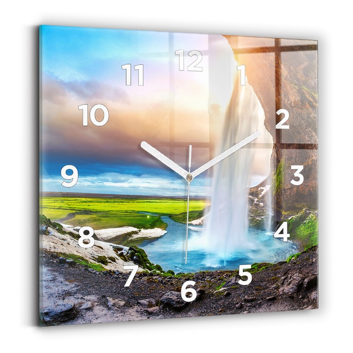 Falióra, Wallfluent, üveg, Fehér mutatók, számok, Vízesés Izlandon, Kék, Négyzetek 30x30 cm, 010010500010100272152