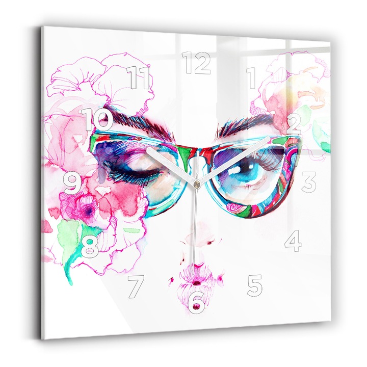 Falióra, Wallfluent, üveg, Fehér kezek, számok, Nő szemüveges, Többszínű, Négyzetek 30x30 cm, 010010500010100273580