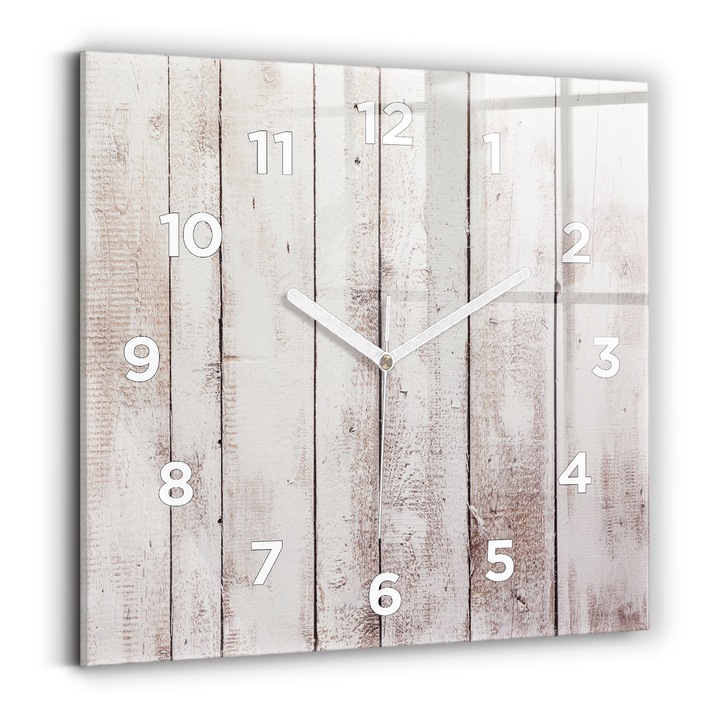 Falióra, Wallfluent, üveg, Fehér mutatók, számok, Fényes fa csempe, Fehér, Négyzetek 30x30 cm, 010010500010100273540