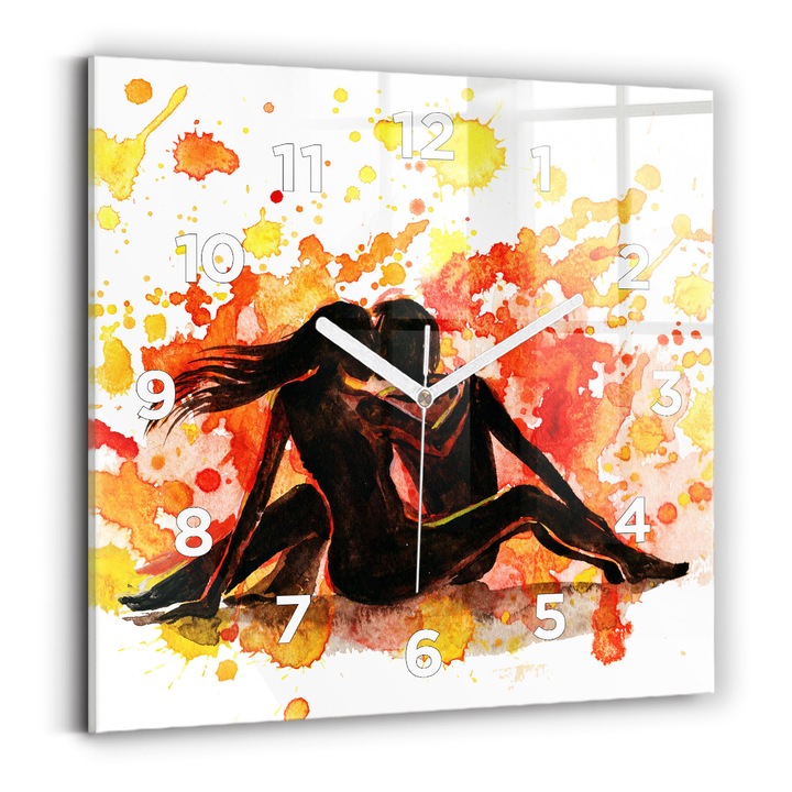 Falióra, Wallfluent, üveg, Fehér kezek, számok, Szerelem és egy szerelmespár, Narancs, Négyzetek 30x30 cm, 010010500010100273140