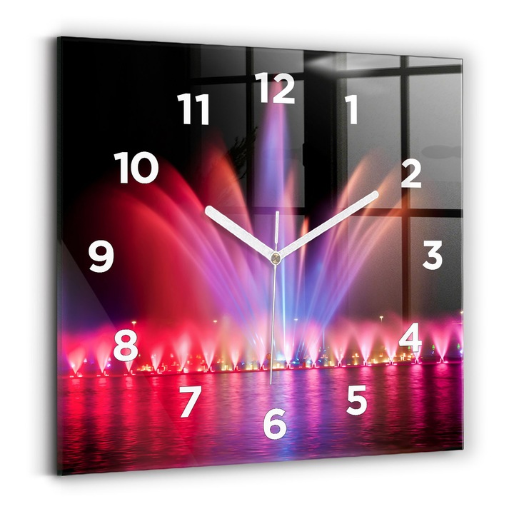 Falióra, Wallfluent, üveg, Fehér mutatók, számok, Wroclaw szökőkút éjjel, Piros, Négyzetek 30x30 cm, 010010500010100272667