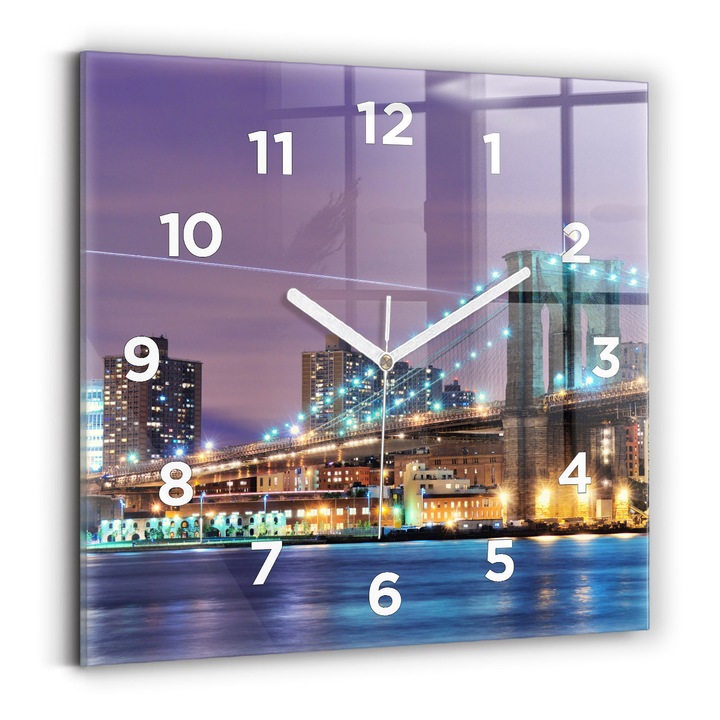 Falióra, Wallfluent, üveg, fehér mutatók, számok, Brooklyn most és East River, kék, négyzetek 30x30 cm, 010010500010100272991