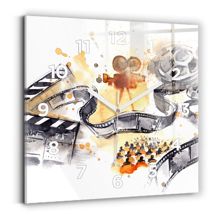 Ceas de perete, Wallfluent, de sticla, Mainile albe, cifrele, Cinematografie pentru camera, Negru, Patrate 30x30 cm, 010010500010100273363