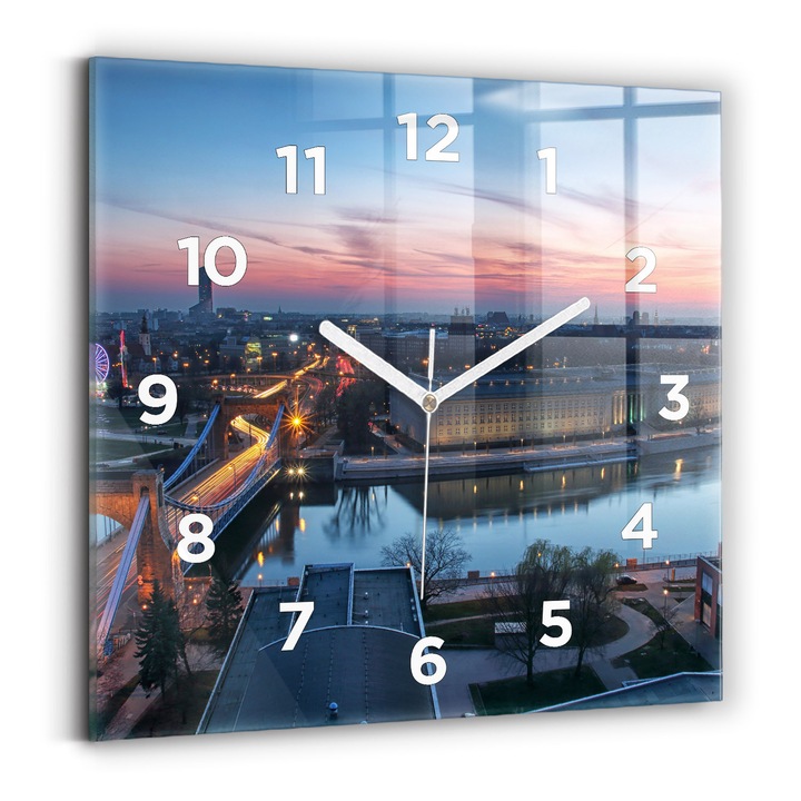 Falióra, Wallfluent, üveg, Fehér mutatók, számok, Wroclaw drónokból, Kék, Négyzetek 30x30 cm, 010010500010100272109