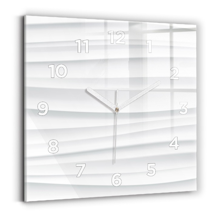 Falióra, Wallfluent, üveg, Fehér mutatók, számok, Hullámok textúrája, Fehér, Négyzetek 30x30 cm, 010010500010100272048