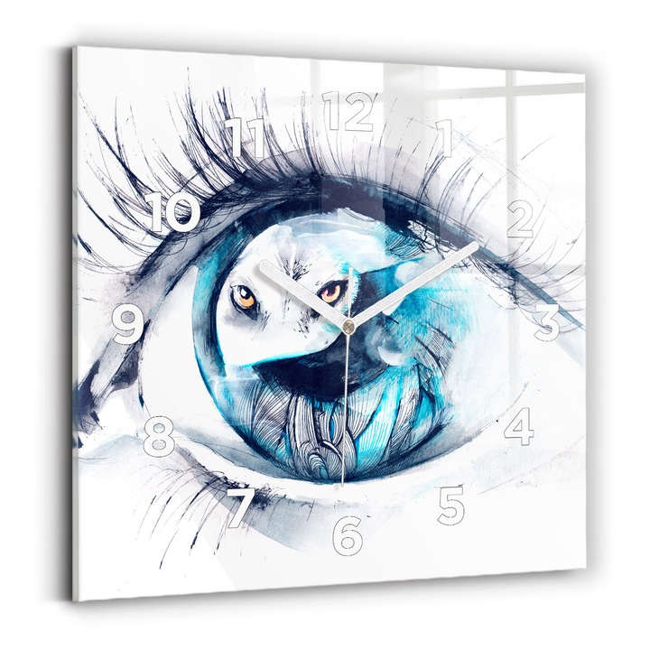 Falióra, Wallfluent, üveg, Fehér kezek, számok, Farkas látás illusztráció, kék, négyzetek 30x30 cm, 010010500010100272043