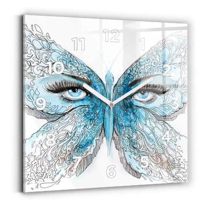 Falióra, Wallfluent, üveg, Fehér mutatók, számok, Pillangó arc, Kék, Négyzetek 30x30 cm, 010010500010100273384