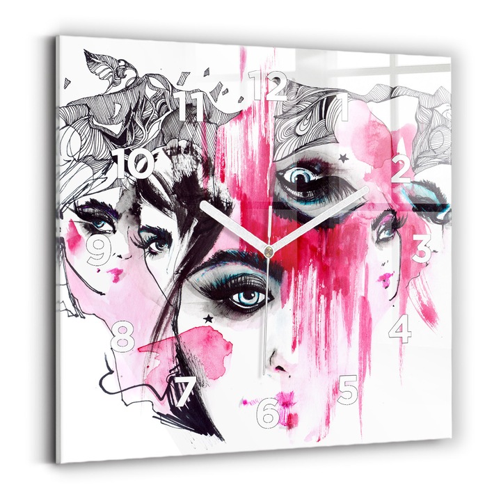Falióra, Wallfluent, üveg, Fehér mutatók, számok, Sok absztrakt arc, Fekete, Négyzetek 30x30 cm, 010010500010100273600