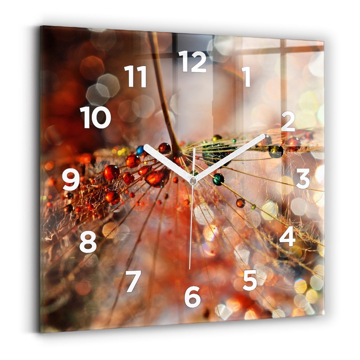 Falióra, Wallfluent, üveg, Fehér mutatók, számok, Pitypang rózsával, Piros, Négyzetek 30x30 cm, 010010500010100272059