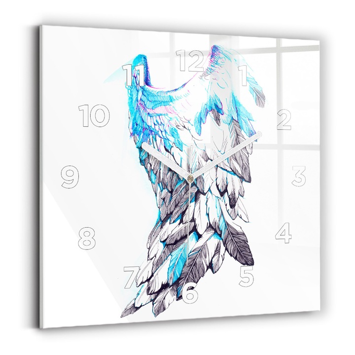 Falióra, Wallfluent, üveg, Fehér mutatók, számok, Madárszárny-utánzat, Kék, Négyzetek 30x30 cm, 010010500010100272044