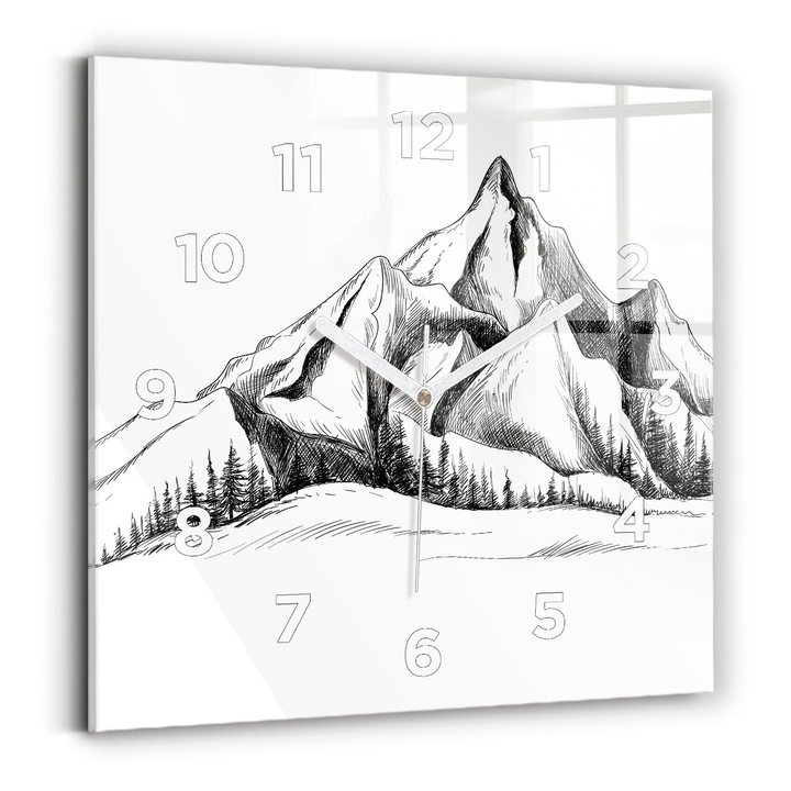 Falióra, Wallfluent, üveg, Fehér mutatók, számok, Hegyek rajzolva, Fehér, Négyzetek 30x30 cm, 010010500010100272496