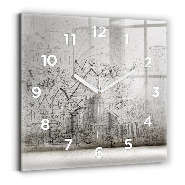 Falióra, Wallfluent, üveg, Fehér mutatók, számok, Városkörvonal, Szürke, Négyzetek 30x30 cm, 010010500010100273330