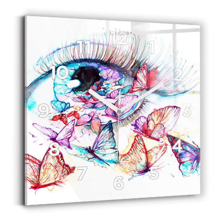 Falióra, Wallfluent, üveg, Fehér mutatók, számok, Színes pillangók a szemnek, Kék, Négyzetek 30x30 cm, 010010500010100273601
