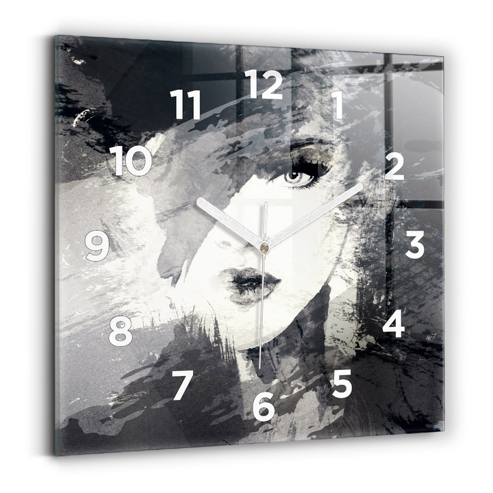 Falióra, Wallfluent, üveg, Fehér kezek, számok, Nő - akvarellek, Fehér, Négyzetek 30x30 cm, 010010500010100273606