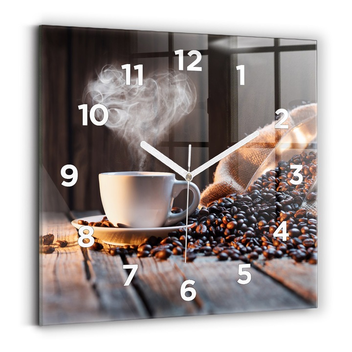 Ceas de perete, Wallfluent, de sticla, Mainile albe, cifrele, ceasca de cafea, Maro, Patrate 30x30 cm, 010010500010100272099