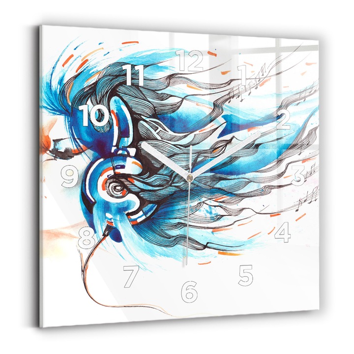 Falióra, Wallfluent, üveg, Fehér mutatók, számok, Illusztráció fejhallgatóhoz, Kék, Négyzetek 30x30 cm, 010010500010100273399