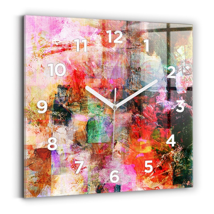 Falióra, Wallfluent, üveg, Fehér mutatók, számok, Absztrakt kompozíció, Rózsaszín, Négyzetek 30x30 cm, 010010500010100272914
