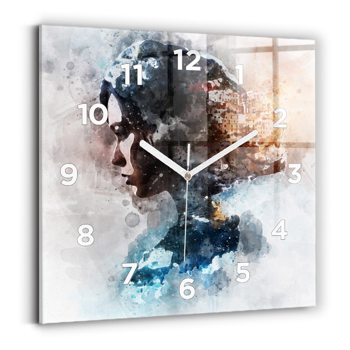 Falióra, Wallfluent, üveg, Fehér mutatók, számok, Absztrakt lányok, Kék, Négyzetek 30x30 cm, 010010500010100272362