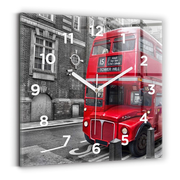 Falióra, Wallfluent, üveg, Fehér mutatók, számok, Piros emeletes busz, Piros, Négyzetek 30x30 cm, 010010500010100272942