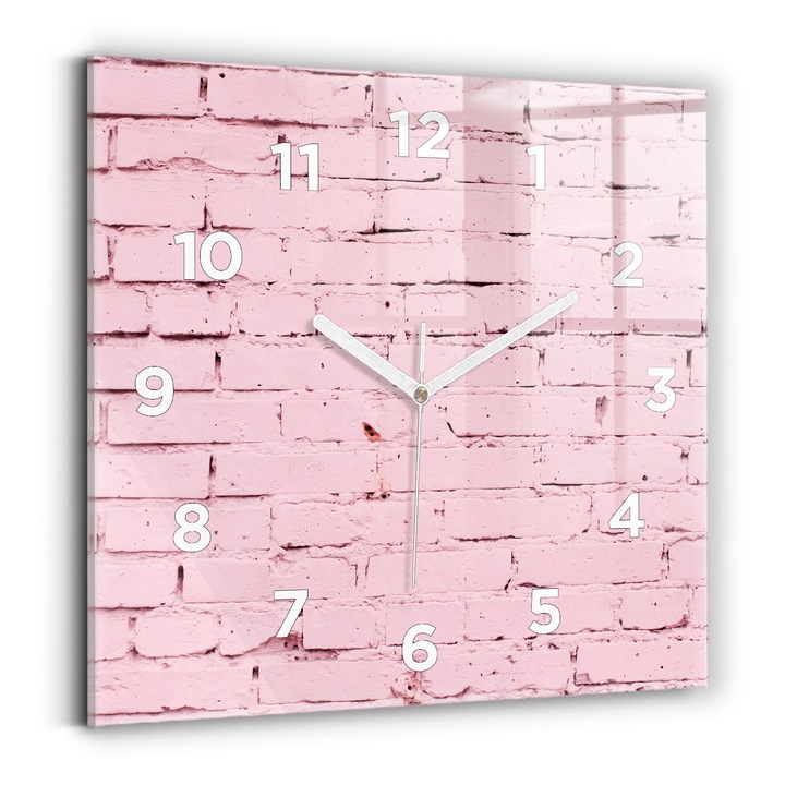 Falióra, Wallfluent, üveg, Fehér mutatók, számok, Téglafal, Rózsaszín, Négyzetek 30x30 cm, 010010500010100272108