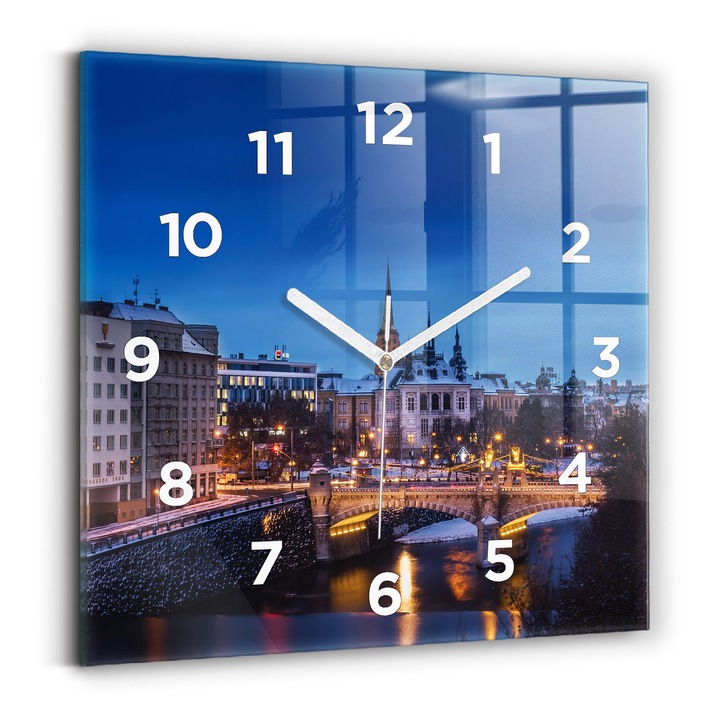 Falióra, Wallfluent, üveg, Fehér mutatók, számok, Pilsen város panorámája, kék, négyzetek 30x30 cm, 010010500010100272261