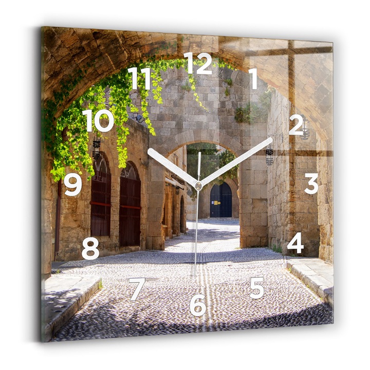 Falióra, Wallfluent, üveg, Fehér mutatók, számok, Festői Rodosz utca, Barna, Négyzetek 30x30 cm, 010010500010100273036