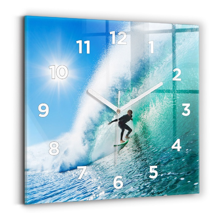 Ceas de perete, Wallfluent, de sticla, Mainile albe, cifrele, Surfing in Hawaii, Alb, Patrate 30x30 cm, 010010500010100273215