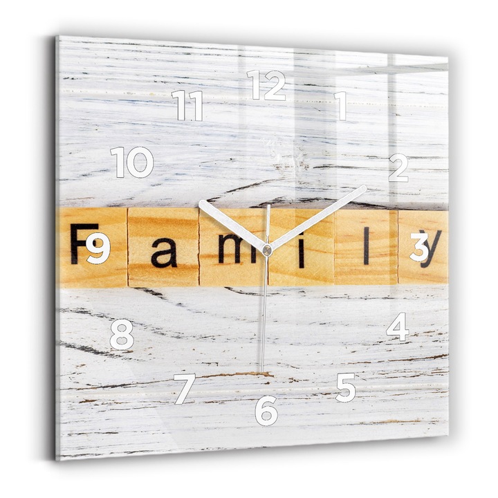 Falióra, Wallfluent, üveg, Fehér mutatók, számok, Családi, Többszínű, Négyzetek 30x30 cm, 010010500010100272349