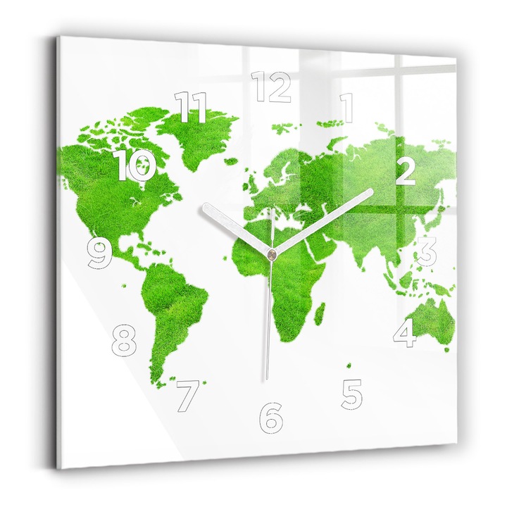Falióra, Wallfluent, üveg, Fehér mutatók, számok, Zöld füves térkép, Zöld, Négyzetek 30x30 cm, 010010500010100272183