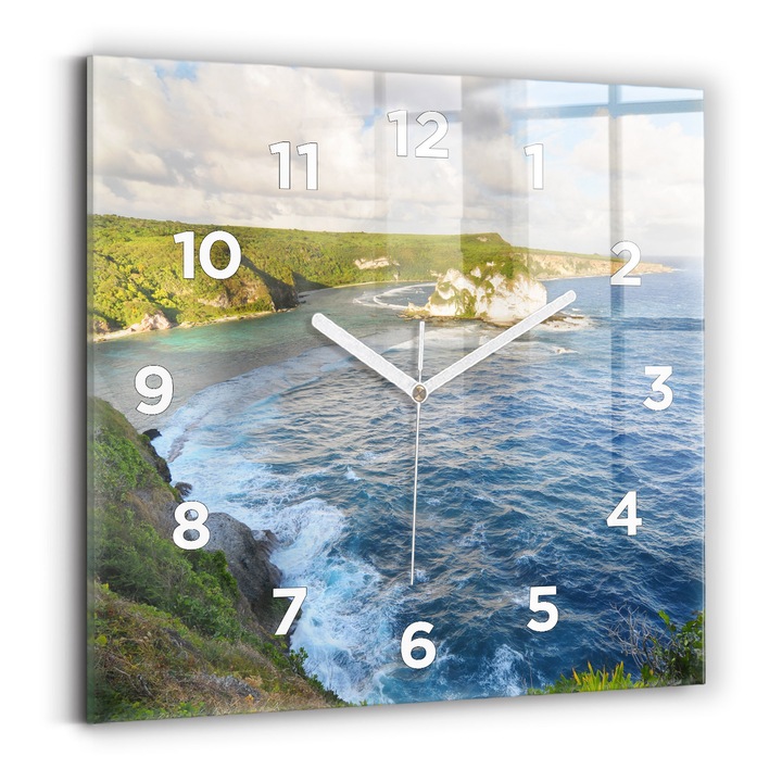 Falióra, Wallfluent, üveg, fehér mutatók, számok, óceánpart, kék, négyzetek 30x30 cm, 010010500010100272397