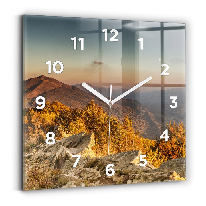Falióra, Wallfluent, üveg, Fehér mutatók, számok, Hegyek Bieszczady-hegység, Sárga, Négyzetek 30x30 cm, 010010500010100272382