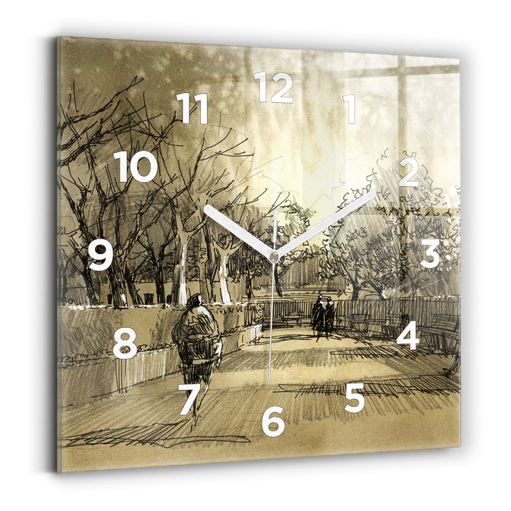Falióra, Wallfluent, üveg, Fehér mutatók, számok, Parkok és fák szépia színben, Sárga, Négyzetek 30x30 cm, 010010500010100273607