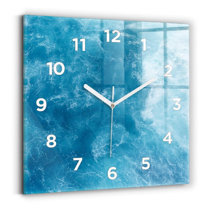 Falióra, Wallfluent, üveg, Fehér mutatók, számok, Tengervíz, Kék, Négyzetek 30x30 cm, 010010500010100272281
