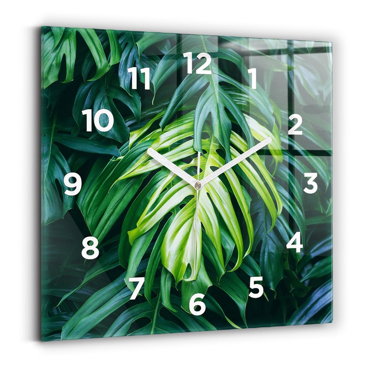 Falióra, Wallfluent, üveg, Fehér mutatók, számok, A természet trópusi oldala, Zöld, Négyzetek 30x30 cm, 010010500010100272350