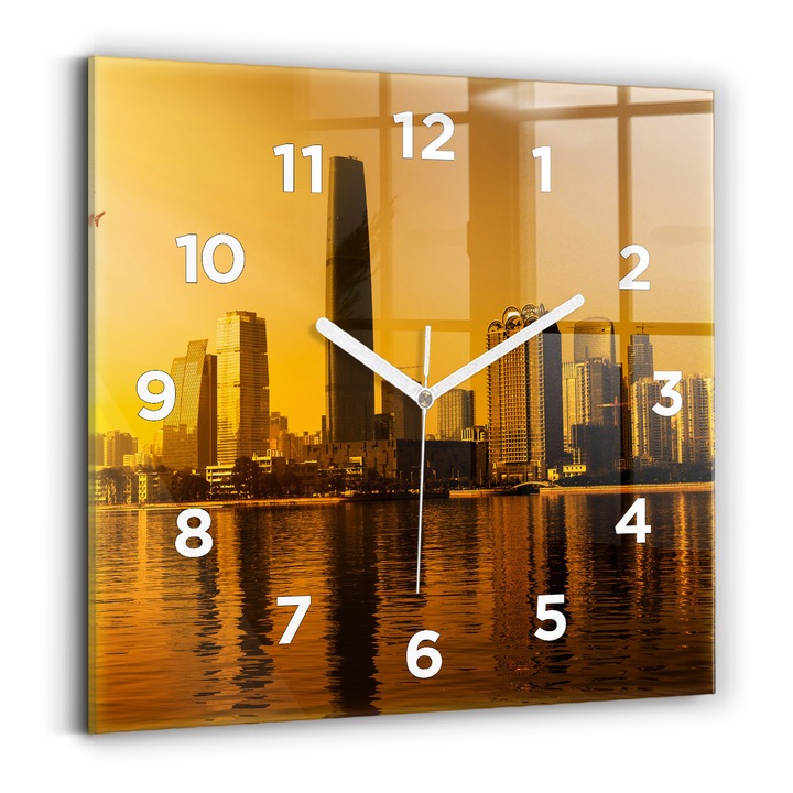 Falióra, Wallfluent, üveg, Fehér mutatók, számok, Zhujiang River China, Arany, Négyzetek 30x30 cm, 010010500010100273150